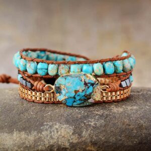 ZOSOJONA Women Wrap Bracelets Boho Natural Stone Jasper Turquoises Strand Bracelet Jewelry Collection (Gold Turquoise)