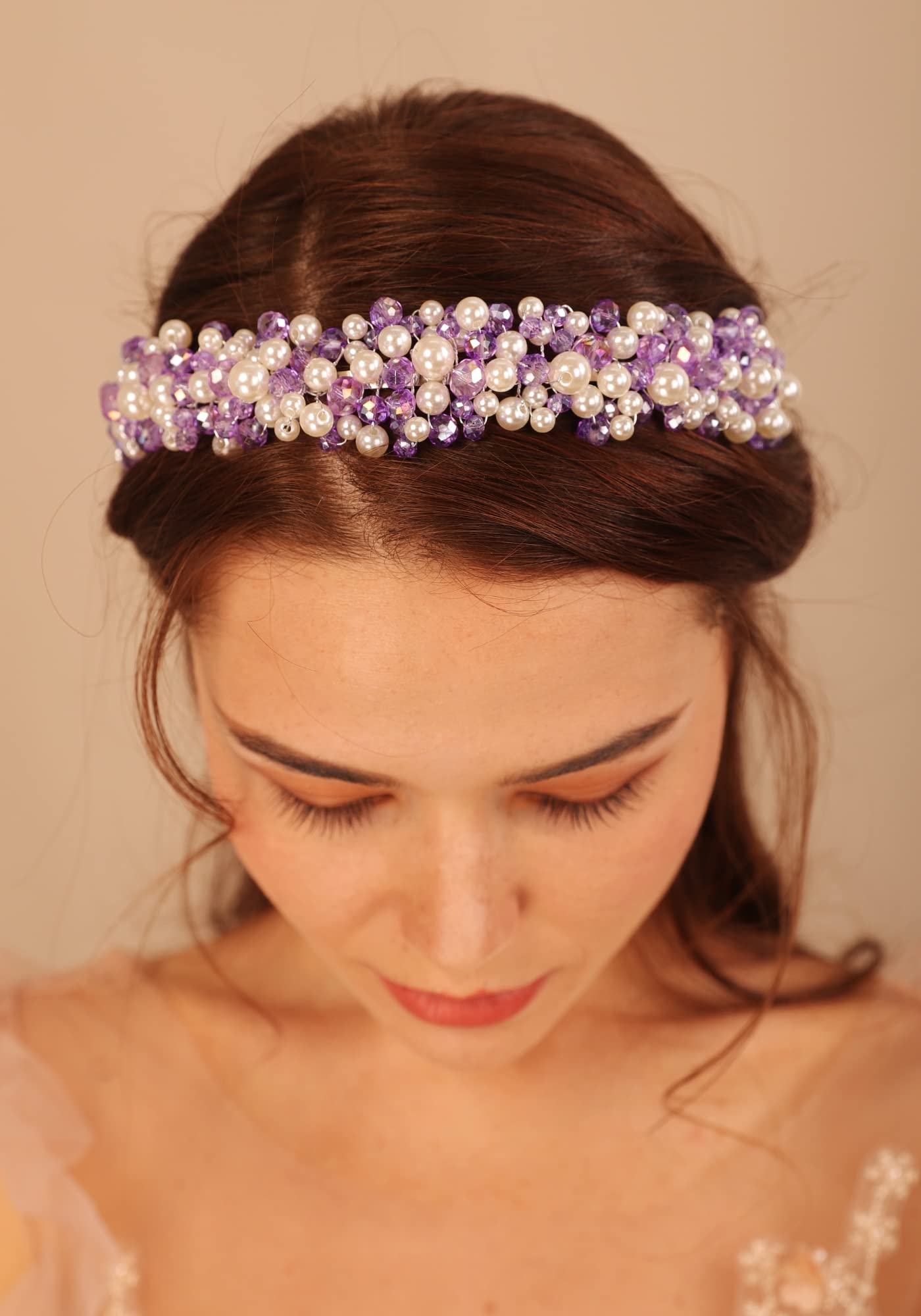 Kercisbeauty Purple Crystal and Pearl Hair Tiara for Girls Prom Wedding Bridal Handmade Crown Women Special Occasion Boho Jewelry (Purple)