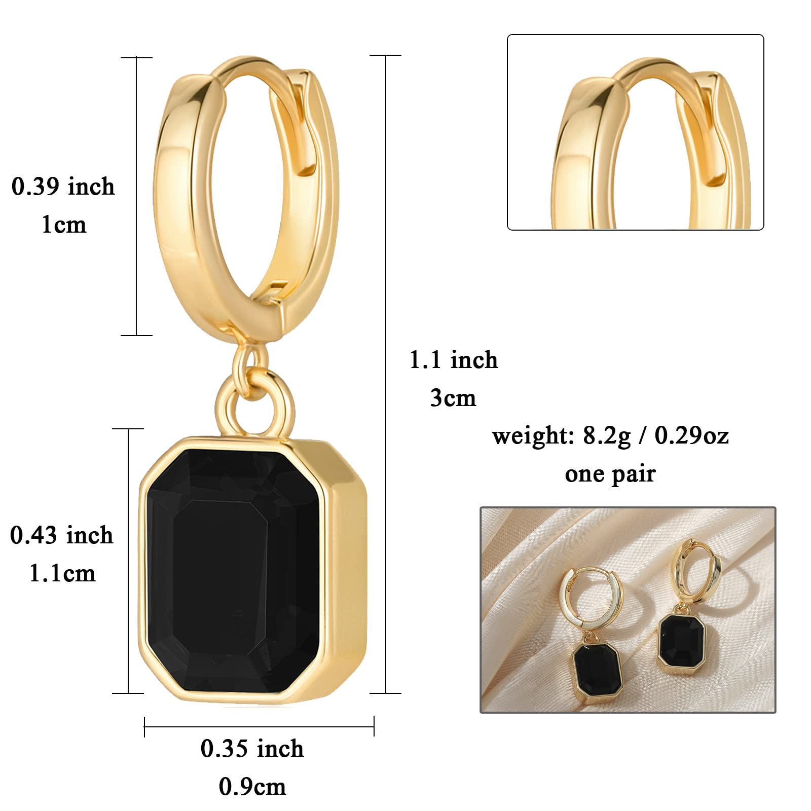 Birthstone Crystal Dangle Drop Earrings, 18K Gold Plated Huggie Hoop Hypoallergenic Earring Jewelry Gifts for Women (Black)