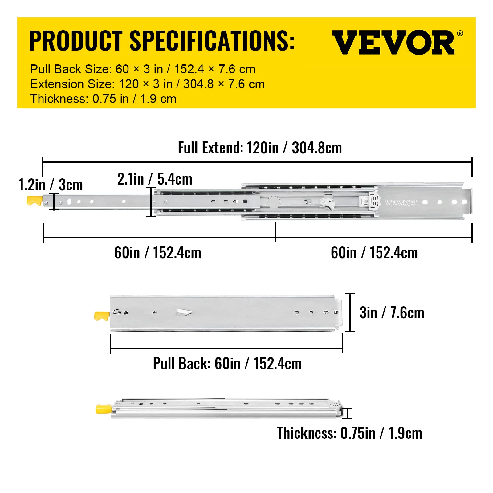 VEVOR Drawer Slides with Lock, 1 Pair 60 inch, Industrial Drawer Slides up to 500 lbs Capacity, 3-Fold Full Extension, Ball Bearing Lock-in & Lock-Out, Side Mount