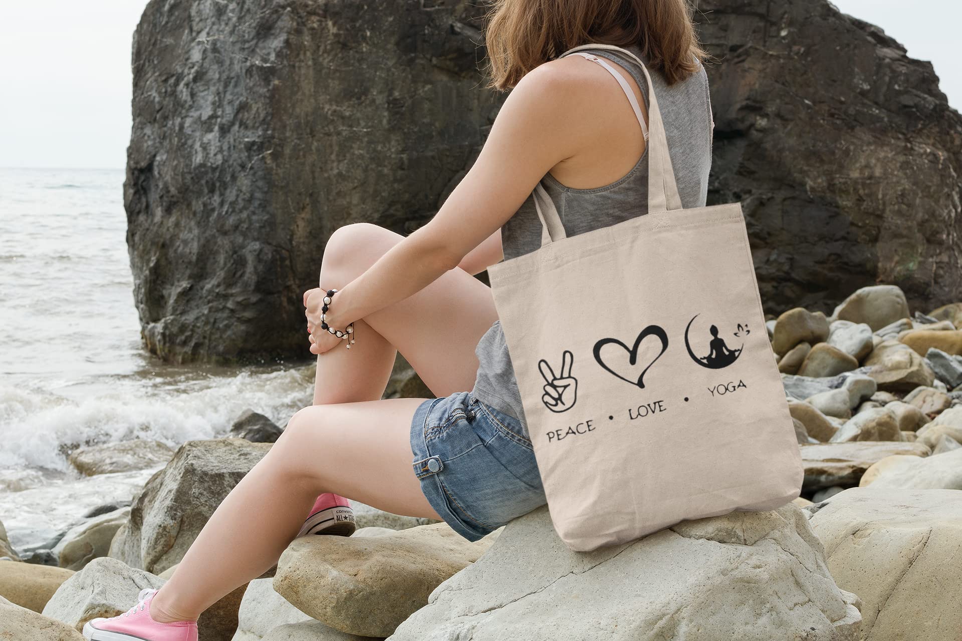 Peace Love Yoga Inspired Canvas Top Handle Tote Bag (Peace Love Yoga Inspired Canvas Top Handle Tote Bag1)