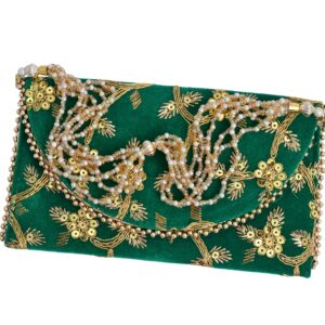 Truesellershop Indian Women's Stylish Zari Velvet Clutch Golden Embroidery Tote Bag Wrist Bag Purse Pearl Handle Evening Clutch Wedding Purse for Girls (Green)