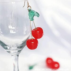 Cherry Cute Earrings for Women Red Funny Drop Dangle Earring Gold Plated Resin Green Leaf Tassel