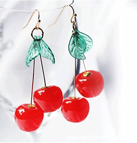 Cherry Cute Earrings for Women Red Funny Drop Dangle Earring Gold Plated Resin Green Leaf Tassel