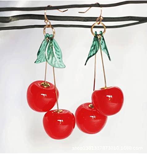 Cherry Cute Earrings for Women Red Funny Drop Dangle Earring Gold Plated Resin Green Leaf Tassel