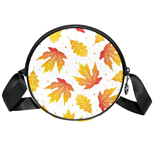 Watercolor Yellow Autumn Maple Leaves Pattern Crossbody Bag for Women Teen Girls Round Canvas Shoulder Bag Purse Tote Handbag Bag