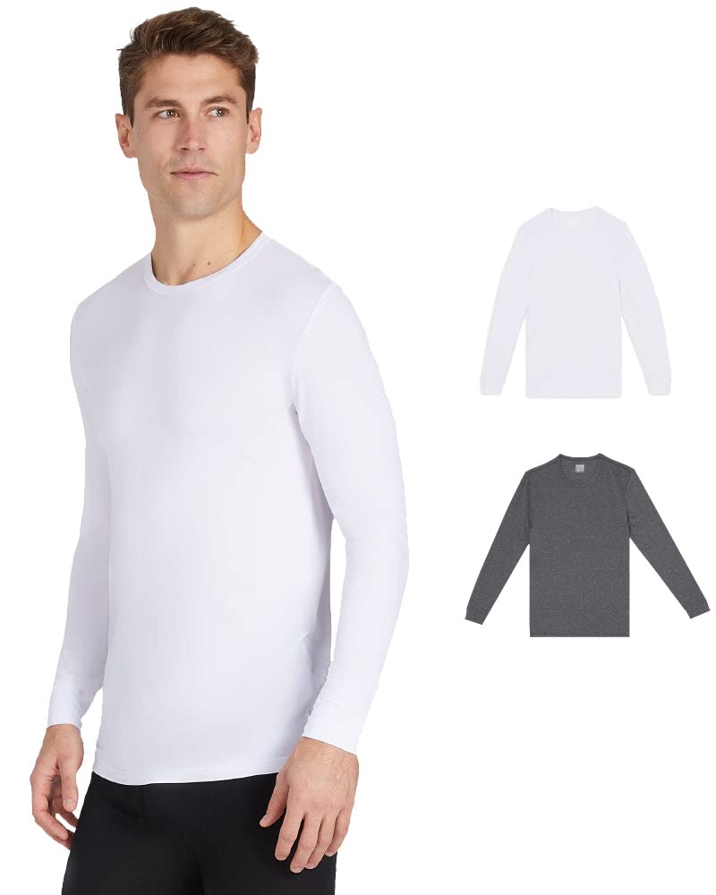 32 DEGREES Men's 2-Pack Performance Lightweight Thermal Baselayer Crewneck Long Sleeve Shirt Top | Moisture Wicking | Anti Odor, WHITE/CHARCOAL HEATHER, X-Large