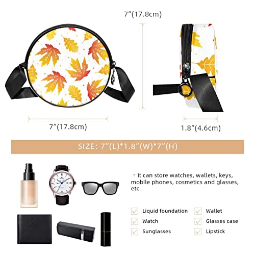 Watercolor Yellow Autumn Maple Leaves Pattern Crossbody Bag for Women Teen Girls Round Canvas Shoulder Bag Purse Tote Handbag Bag