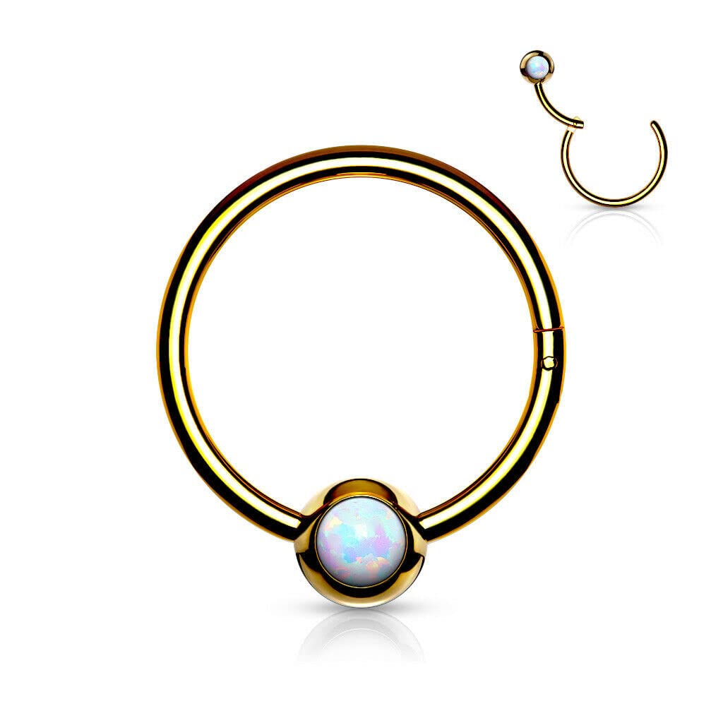 10mm Opal Set Ball Surgical Steel Hinge Hoop Segment Ring Nose Septum Ear Cartilage 18G - Gold/Opal White