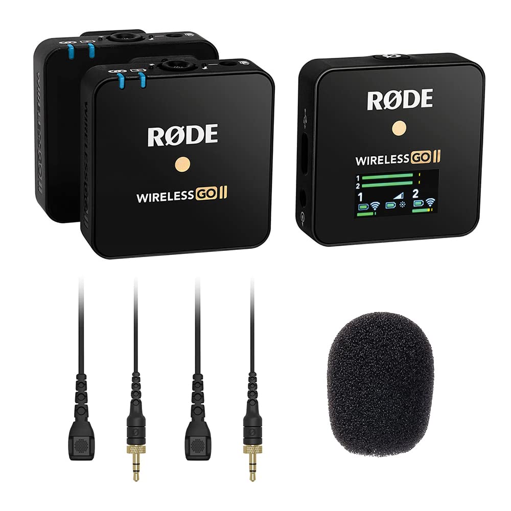 Rode Microphones Wireless GO II Dual Channel Wireless Microphone System Bundle Lavalier II Omnidirectional Lav Mic and 3-Pack Foam Windscreen