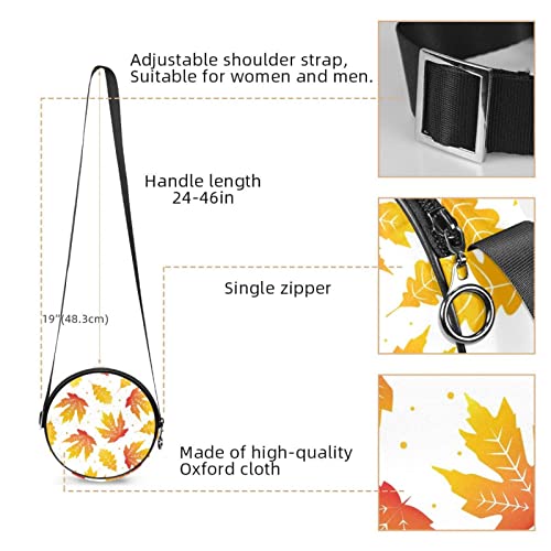 Watercolor Yellow Autumn Maple Leaves Pattern Crossbody Bag for Women Teen Girls Round Canvas Shoulder Bag Purse Tote Handbag Bag