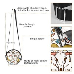 Boho Wild Animal Skull Head Feather Crossbody Bag for Women Teen Girls Round Canvas Shoulder Bag Purse Tote Handbag Bag