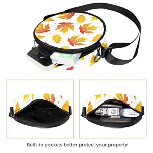 Watercolor Yellow Autumn Maple Leaves Pattern Crossbody Bag for Women Teen Girls Round Canvas Shoulder Bag Purse Tote Handbag Bag