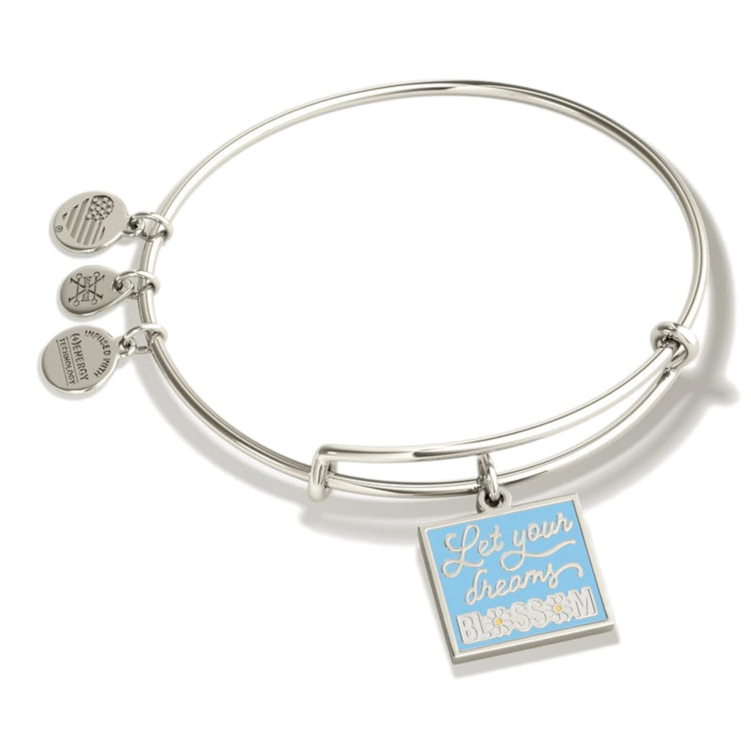 Alex and Ani Words Are Powerful Expandable Bangle for Women, Let Your Dreams Blossom Charm, Shiny Silver Finish, 2 to 3.5 in