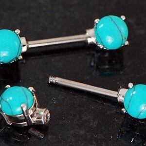 Pair 14g 1/2" (12mm) 316L Surgical Steel Semi Turquoise Stone Nipple Rings