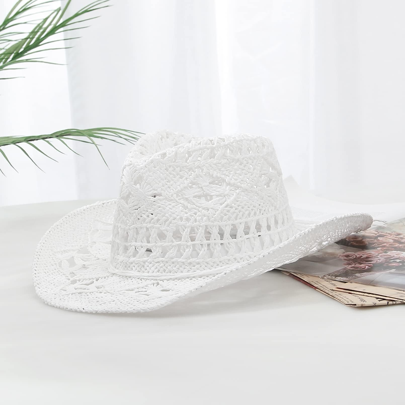 GEMVIE Men & Women's Summer Cowboy Cowgirl Straw Hat Hollow Out Style Roll Up Brim Cowboy Sun Hat White