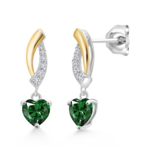 gem stone king 925 silver and 10k yellow gold green nano emerald and white lab grown diamond dangle earrings for women | 1.07 cttw | gemstone may birthstone | heart shape 5mm