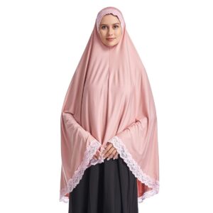 Women's Elegant Hijab Lace Trim Muslim Islamic Ramadan Soft Lightweight Hijab Long Scarf Pink