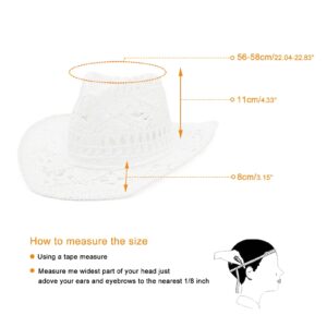 GEMVIE Men & Women's Summer Cowboy Cowgirl Straw Hat Hollow Out Style Roll Up Brim Cowboy Sun Hat White