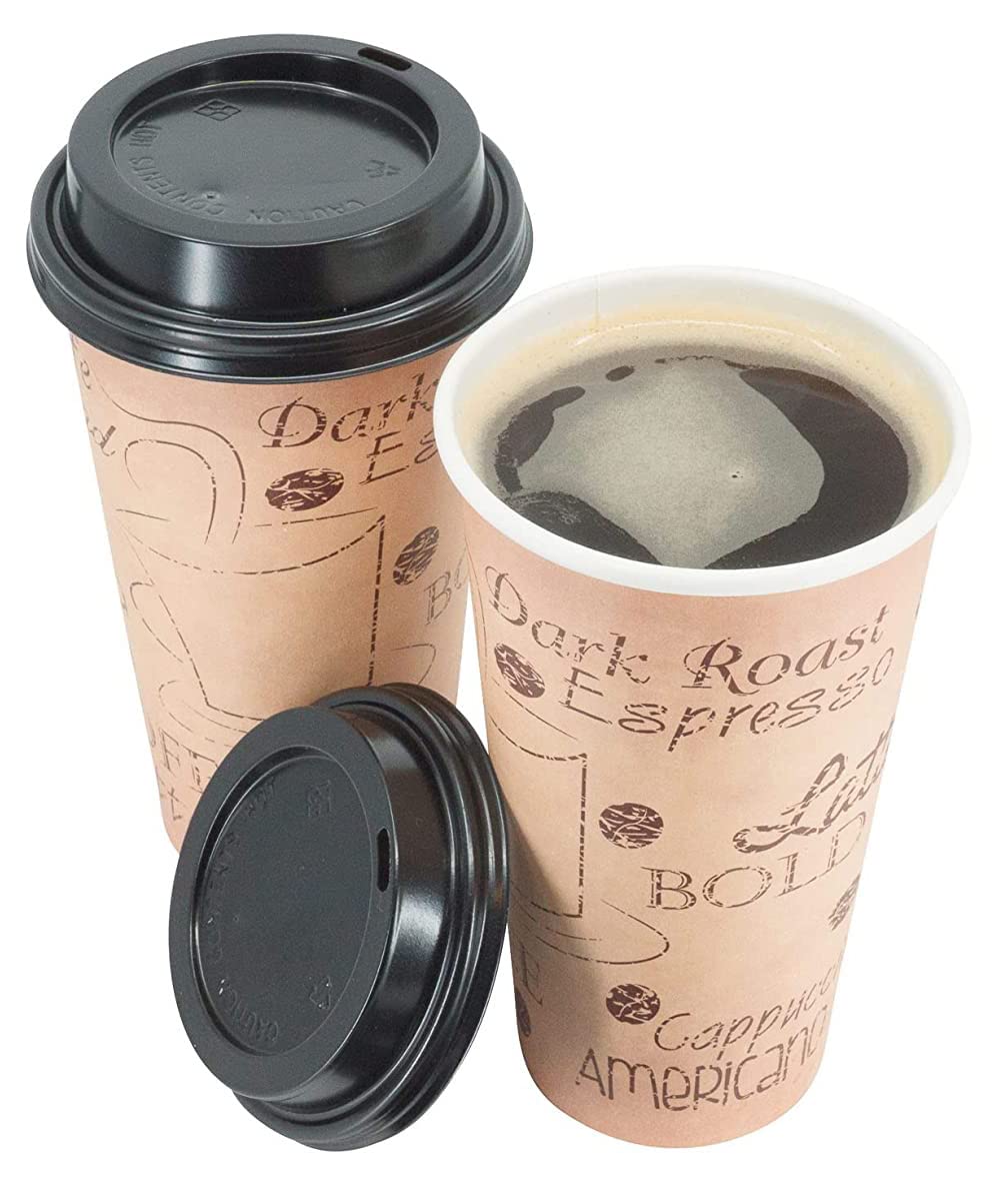 ECODESIGN-US 20 Ounce Disposable Paper Coffee Hot Cups with Black Lids - 50 Sets - Coffee Latte Macchiato To Go Extra Large Portion