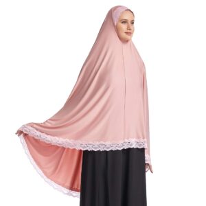 Women's Elegant Hijab Lace Trim Muslim Islamic Ramadan Soft Lightweight Hijab Long Scarf Pink