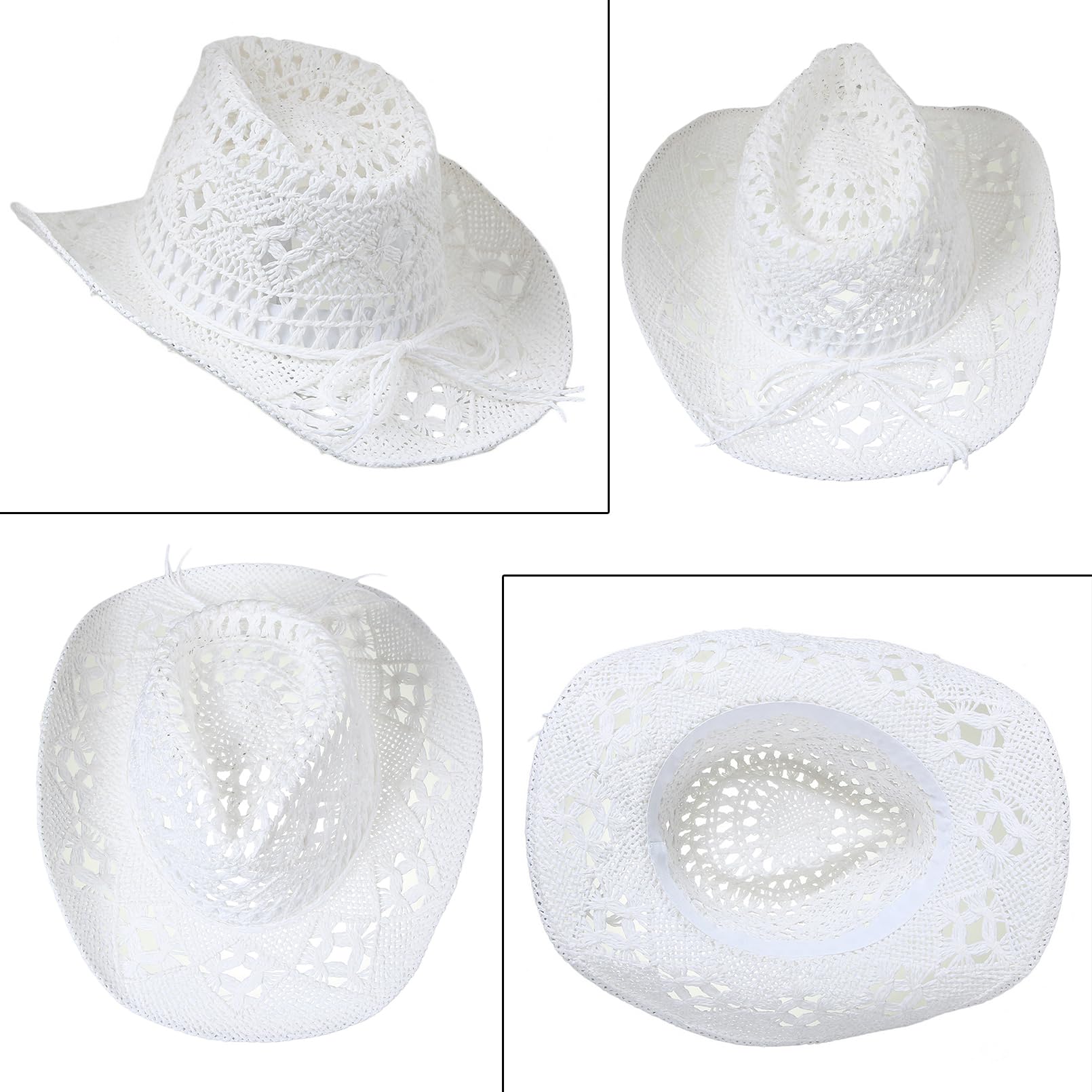 GEMVIE Men & Women's Summer Cowboy Cowgirl Straw Hat Hollow Out Style Roll Up Brim Cowboy Sun Hat White