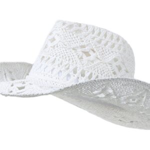 GEMVIE Men & Women's Summer Cowboy Cowgirl Straw Hat Hollow Out Style Roll Up Brim Cowboy Sun Hat White