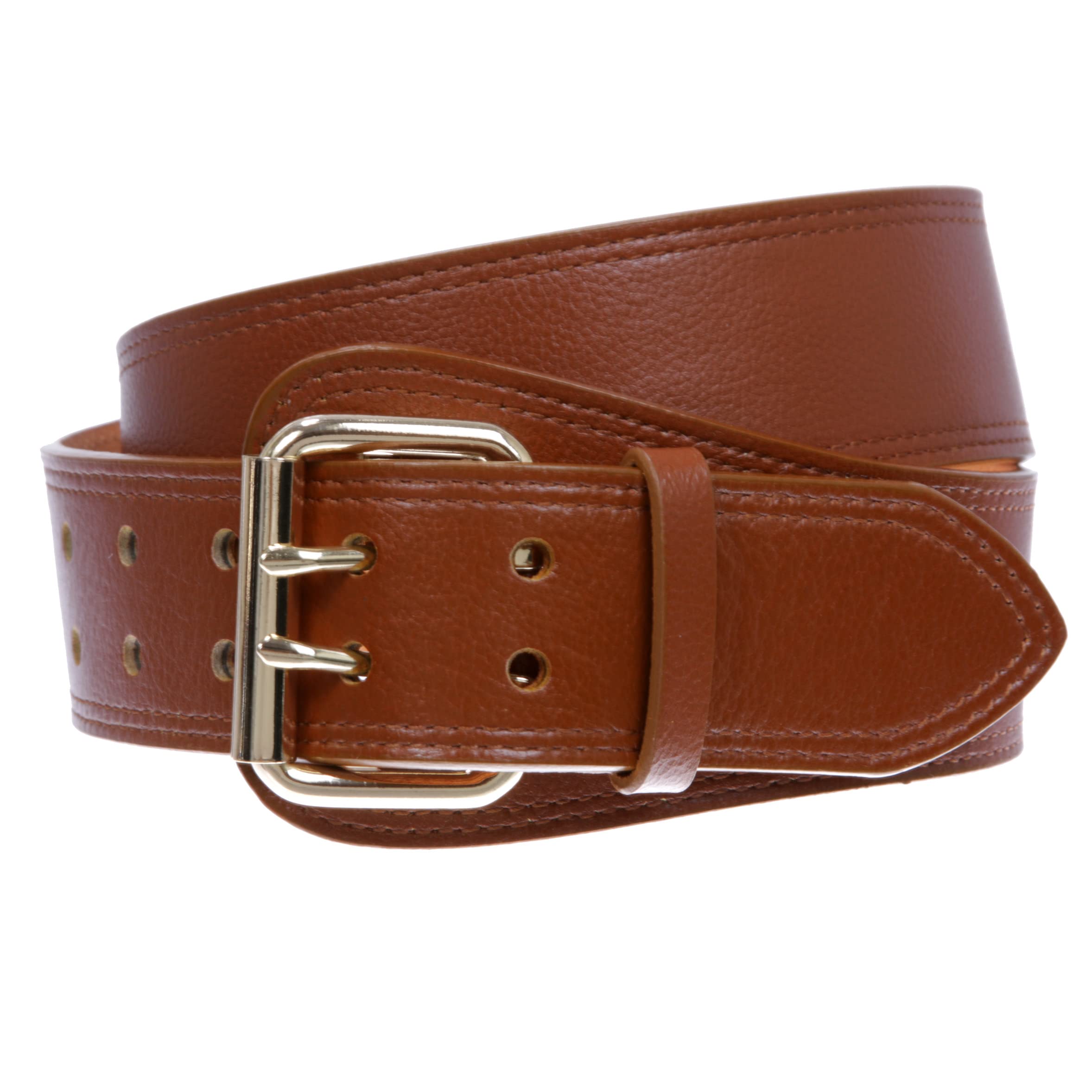 beltiscool Women's Litchi Veined Double Stitch Double Hole Tapered Leather Belt, Tan | small-30