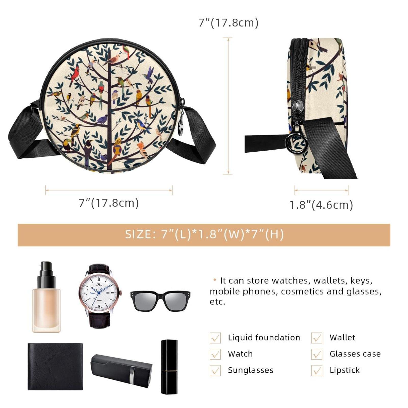 Vintage Tree of Life Birds Crossbody Bag for Women Teen Girls Round Canvas Shoulder Bag Purse Tote Handbag Bag