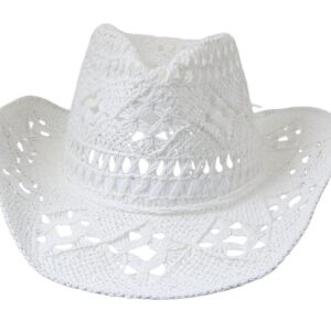 GEMVIE Men & Women's Summer Cowboy Cowgirl Straw Hat Hollow Out Style Roll Up Brim Cowboy Sun Hat White