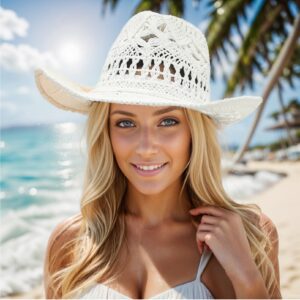 GEMVIE Men & Women's Summer Cowboy Cowgirl Straw Hat Hollow Out Style Roll Up Brim Cowboy Sun Hat White