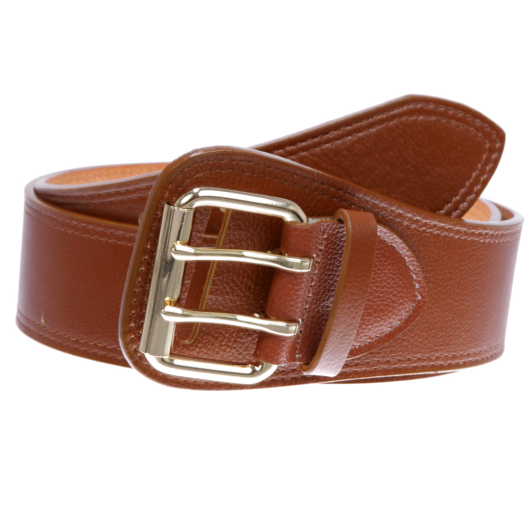 beltiscool Women's Litchi Veined Double Stitch Double Hole Tapered Leather Belt, Tan | small-30