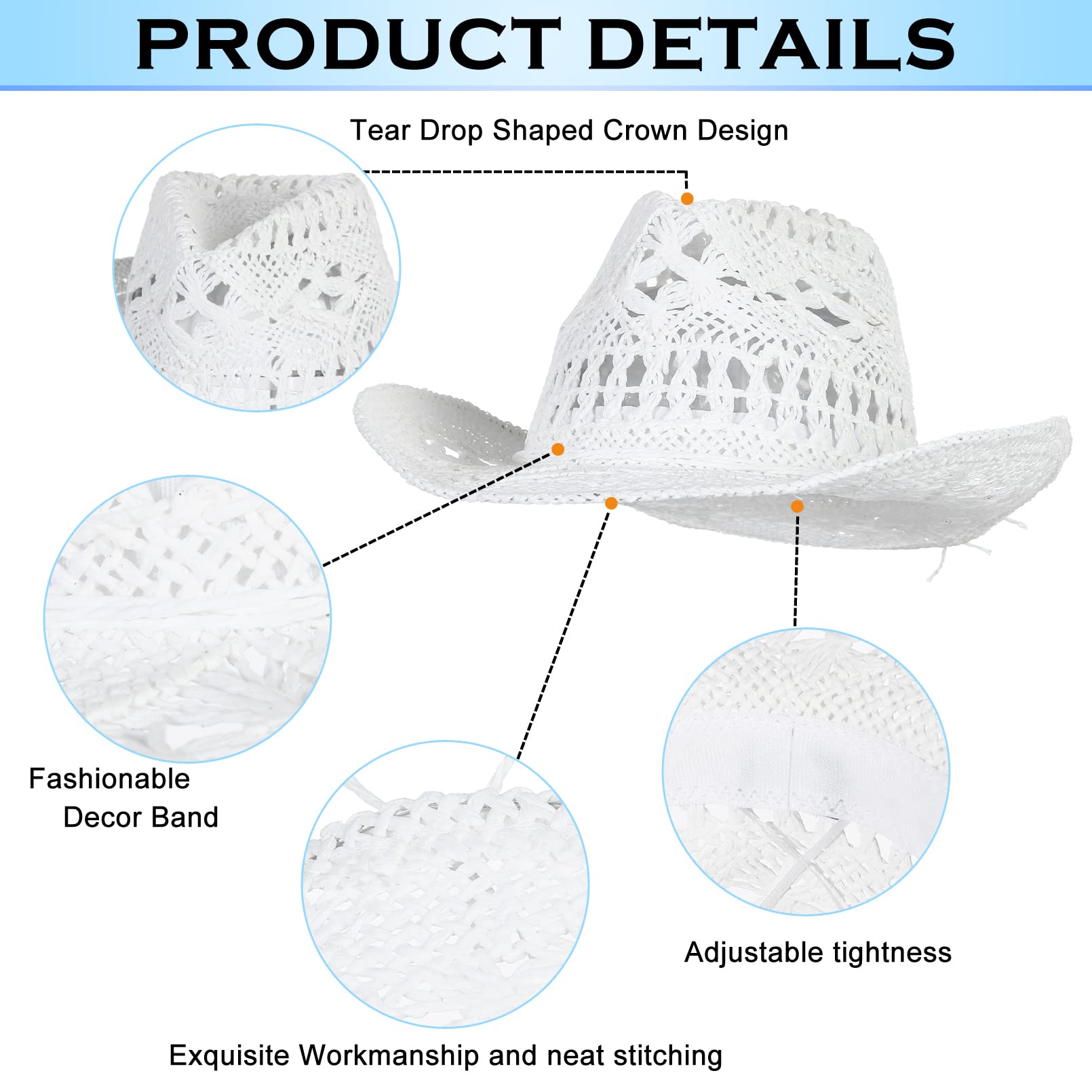 GEMVIE Men & Women's Summer Cowboy Cowgirl Straw Hat Hollow Out Style Roll Up Brim Cowboy Sun Hat White