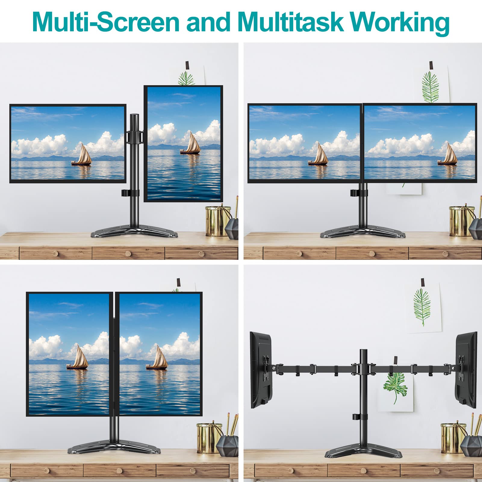 MOUNT PRO Dual Monitor Mount, Free-Standing Monitor Stand for 2 Monitors fit 13-27” Screen, Monitor Arm holds Max 17.6lbs, Monitor Desk Mount with Height Adjustable, Swivel, VESA Mount 75x75 100x100