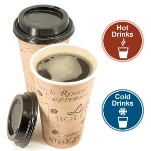 ECODESIGN-US 20 Ounce Disposable Paper Coffee Hot Cups with Black Lids - 50 Sets - Coffee Latte Macchiato To Go Extra Large Portion