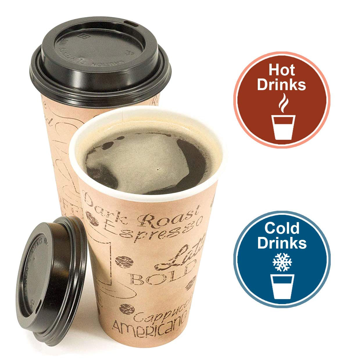 ECODESIGN-US 20 Ounce Disposable Paper Coffee Hot Cups with Black Lids - 50 Sets - Coffee Latte Macchiato To Go Extra Large Portion