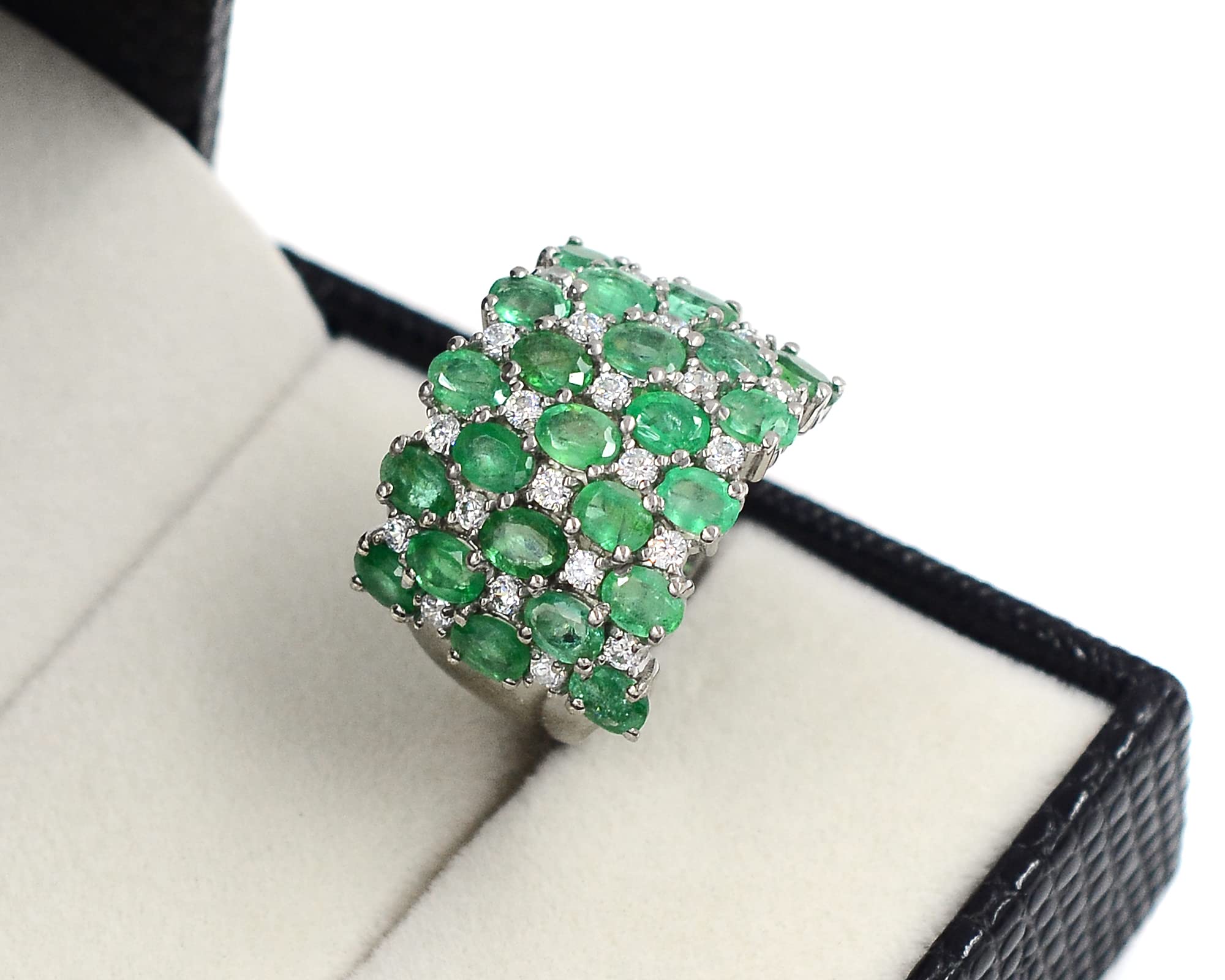 Natural Green Zambian Emerald 4X3 MM Oval Cut 925 Sterling Silver May Birthstone Cluster Unisex Proposal Ring For Engagement Gift (Yellow Gold Rhodium Plated Silver, 6)