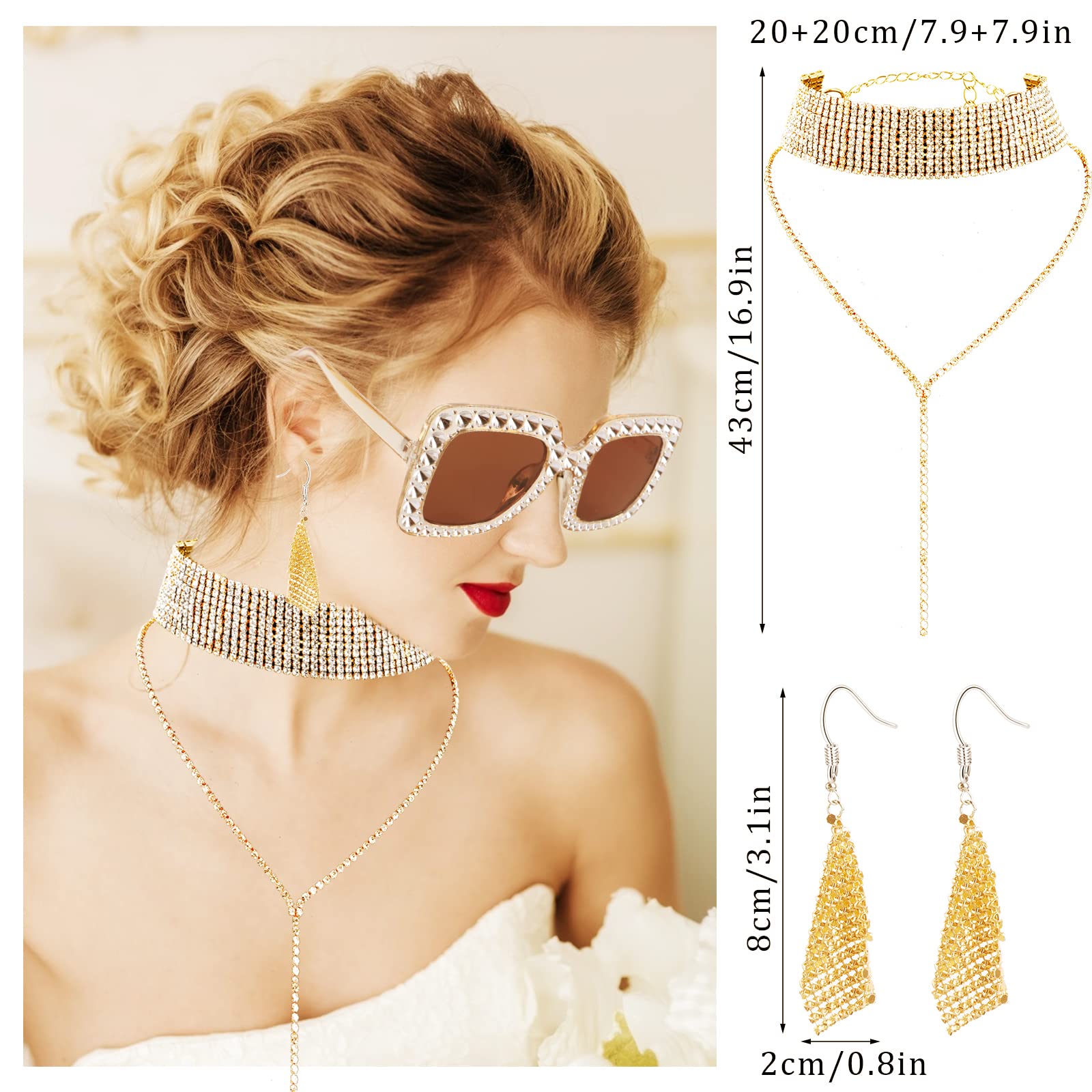 Beupy 7 Pcs Gold Disco Set 1970s Disco Accessories Disco Set Square Sparkling Sunglasses Wire Metal Coil Bracelets Glitter layered necklace Metal Mesh Grid Tassel Dangle Earrings Sequin Headband