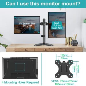 MOUNT PRO Dual Monitor Mount, Free-Standing Monitor Stand for 2 Monitors fit 13-27” Screen, Monitor Arm holds Max 17.6lbs, Monitor Desk Mount with Height Adjustable, Swivel, VESA Mount 75x75 100x100