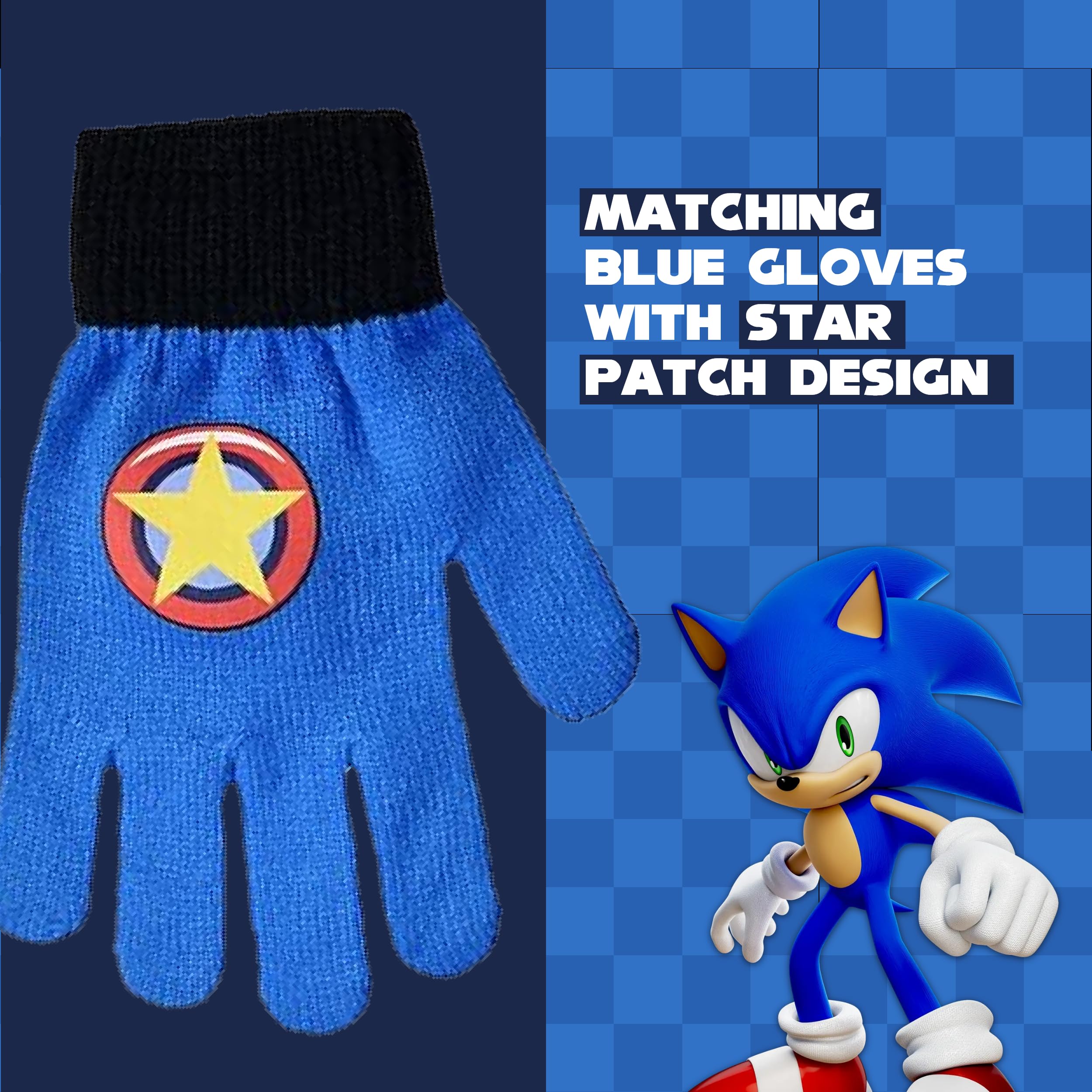 Sonic the Hedgehog Beanie Hat and Glove Set, Kids Knitted Winter Hat and Gloves with 3D Ears and Quills, Blue, One Size