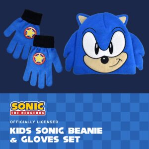 Sonic the Hedgehog Beanie Hat and Glove Set, Kids Knitted Winter Hat and Gloves with 3D Ears and Quills, Blue, One Size