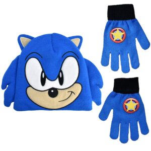 sonic the hedgehog beanie hat and glove set, kids knitted winter hat and gloves with 3d ears and quills, blue, one size