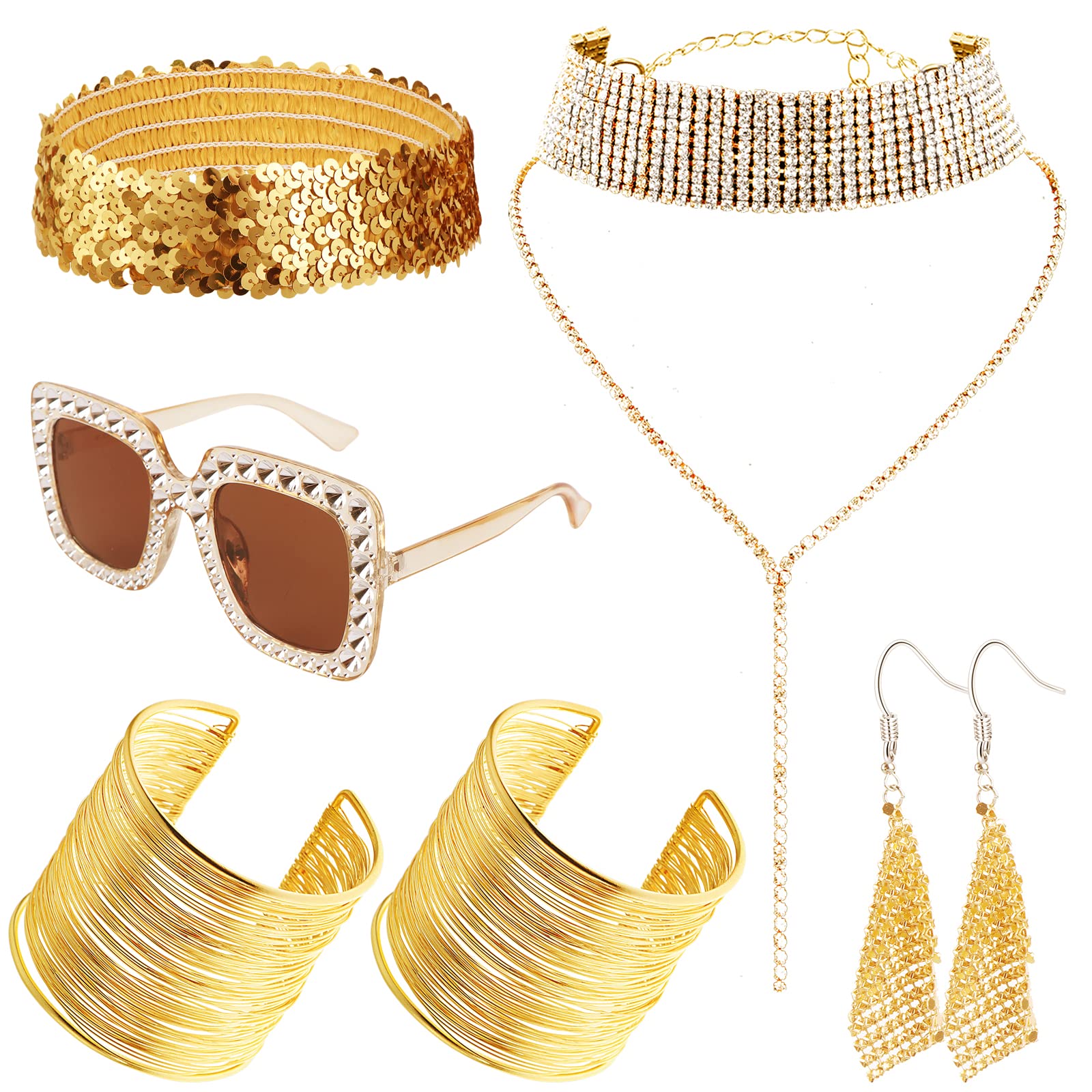 Beupy 7 Pcs Gold Disco Set 1970s Disco Accessories Disco Set Square Sparkling Sunglasses Wire Metal Coil Bracelets Glitter layered necklace Metal Mesh Grid Tassel Dangle Earrings Sequin Headband