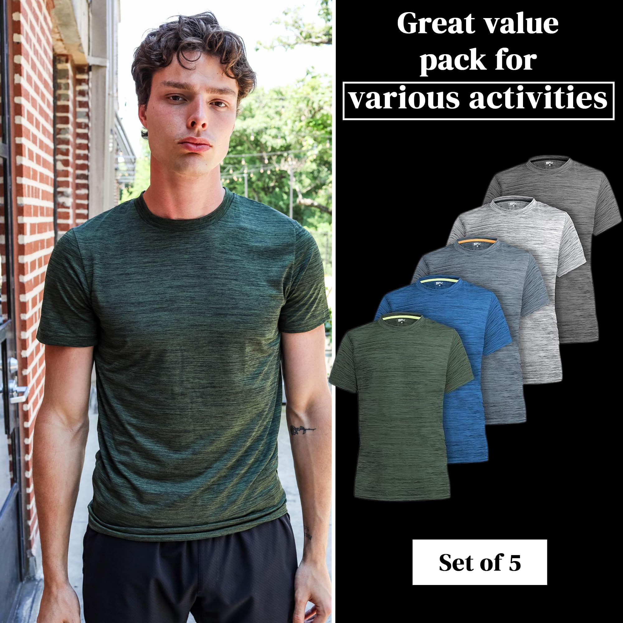 [5 Pack] Men’s Dry-Fit Active Athletic Crew Neck T Shirts Running Workout Gym Tee Top