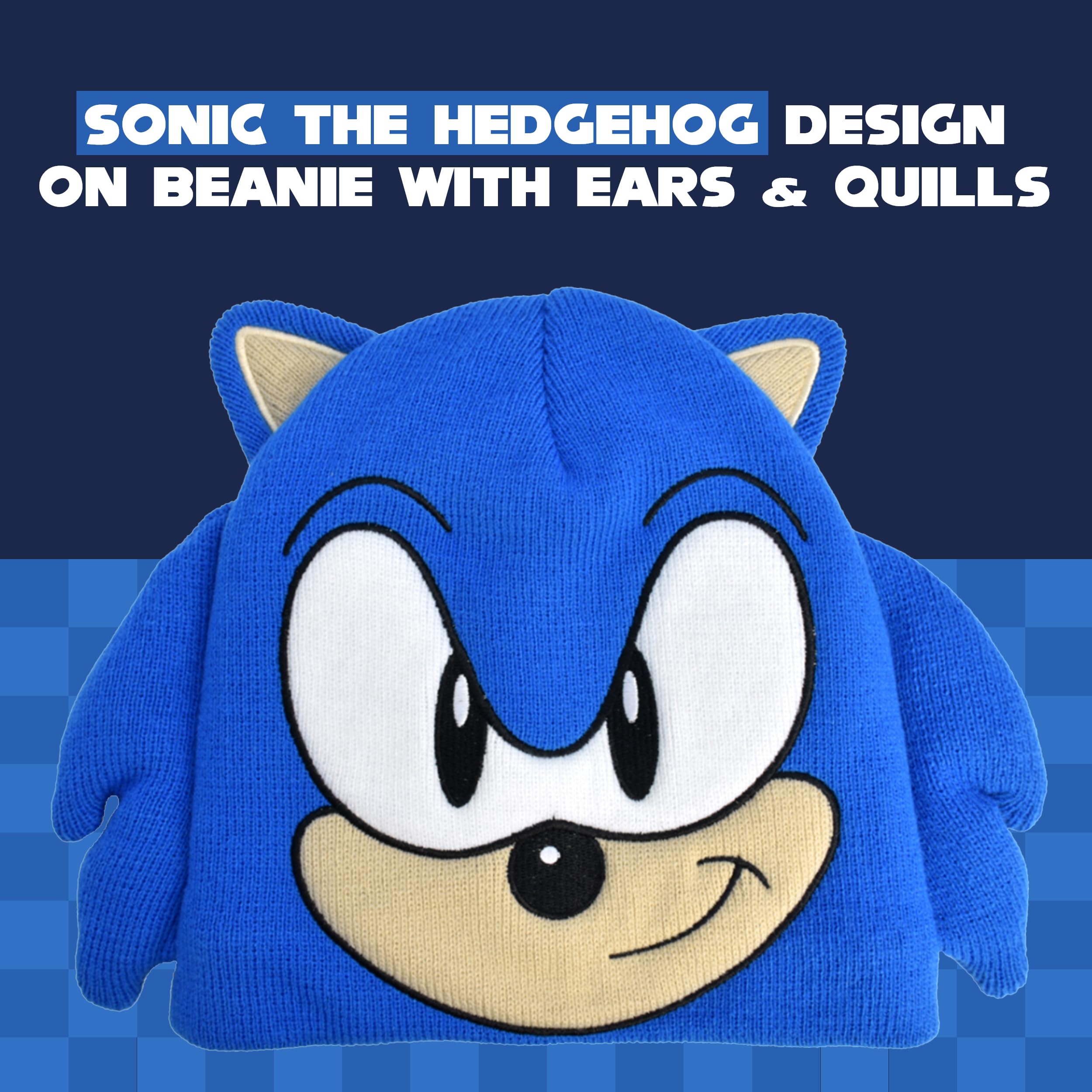 Sonic the Hedgehog Beanie Hat and Glove Set, Kids Knitted Winter Hat and Gloves with 3D Ears and Quills, Blue, One Size