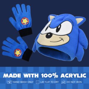 Sonic the Hedgehog Beanie Hat and Glove Set, Kids Knitted Winter Hat and Gloves with 3D Ears and Quills, Blue, One Size