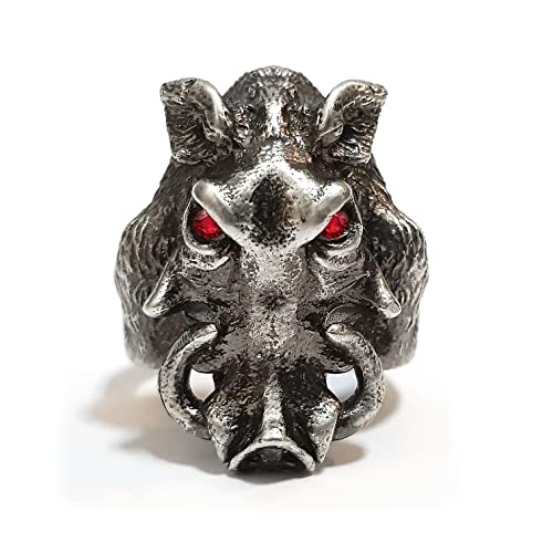 Alte Jewellers 925 Sterling Silver Wild Boar Warthog Ring (Ruby, 5)