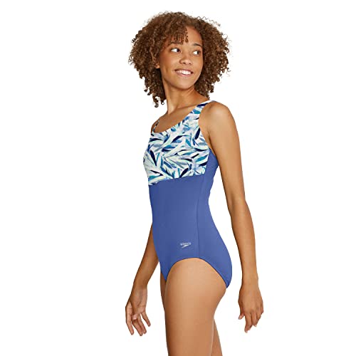 Speedo Women's Standard Swimsuit One Piece Adjustable Square Neck Moderate Cut, Watercolor Leaves Bright Cobalt, 14