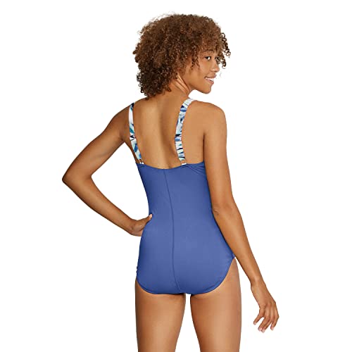 Speedo Women's Standard Swimsuit One Piece Adjustable Square Neck Moderate Cut, Watercolor Leaves Bright Cobalt, 14