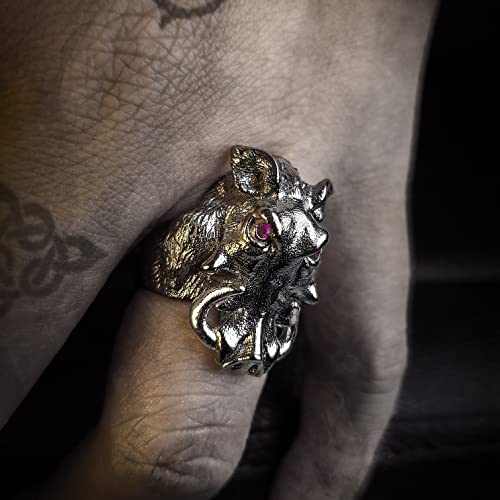 Alte Jewellers 925 Sterling Silver Wild Boar Warthog Ring (Ruby, 5)